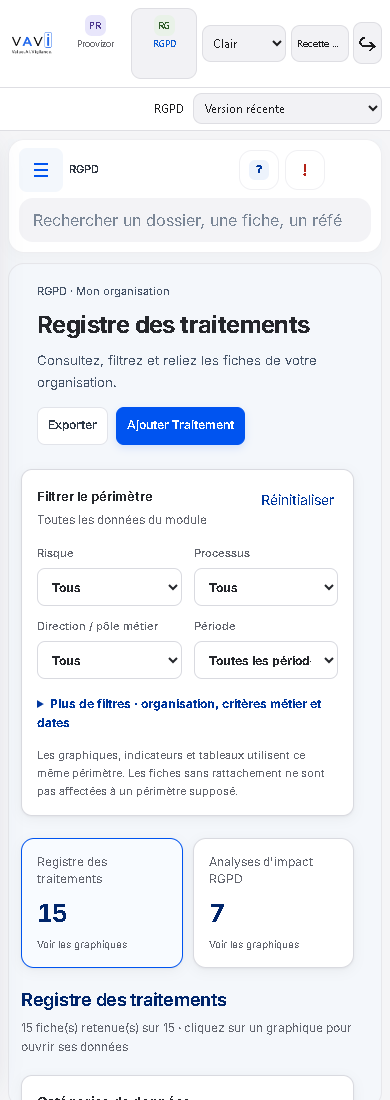 Vue mobile Registre des traitements RGPD, affichage mobile.