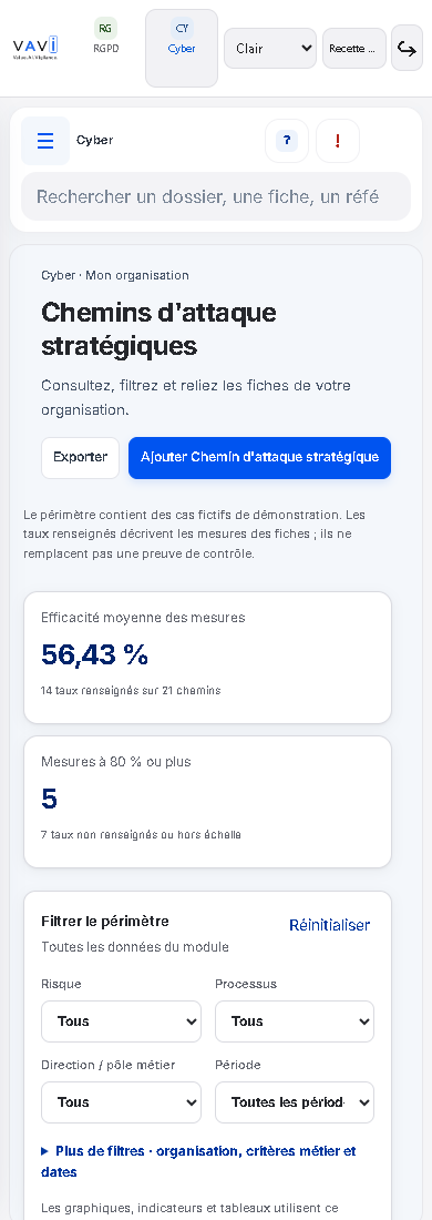 Vue mobile Parcours de gestion des risques cyber, affichage mobile.