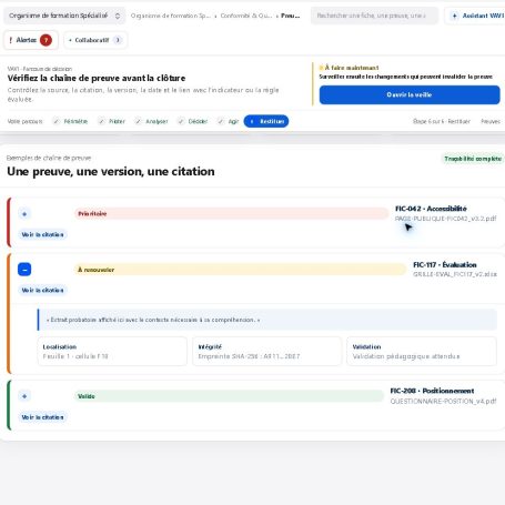 Vérifier une preuve Preuves Qualiopi : document, version et statuts prioritaire, à renouveler ou valide.