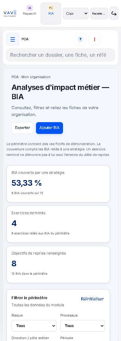 Vue mobile Analyse d’impact des activités et préparation de la continuité, affichage mobile.