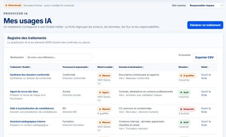 Registre des usages · thème clair Registre des usages IA : responsables et statuts, interface PROOVIZOR IA sur données fictives, thème clair.