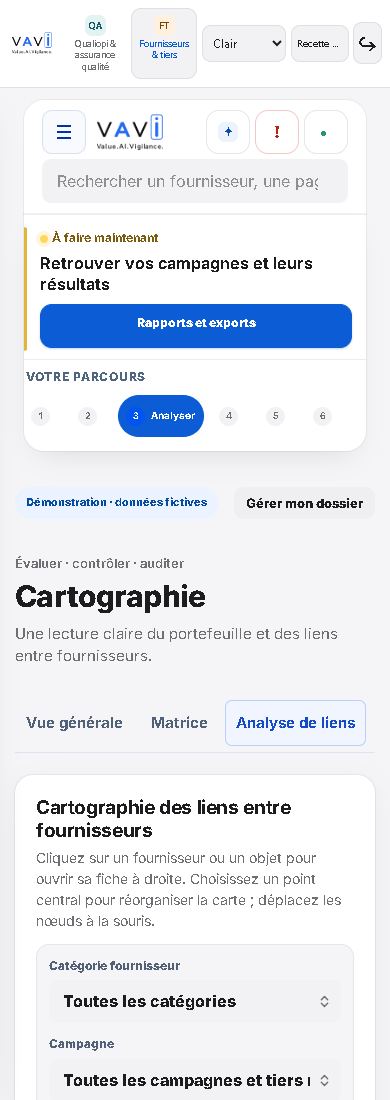 Vue mobile Suivi des fournisseurs et tiers, affichage mobile.